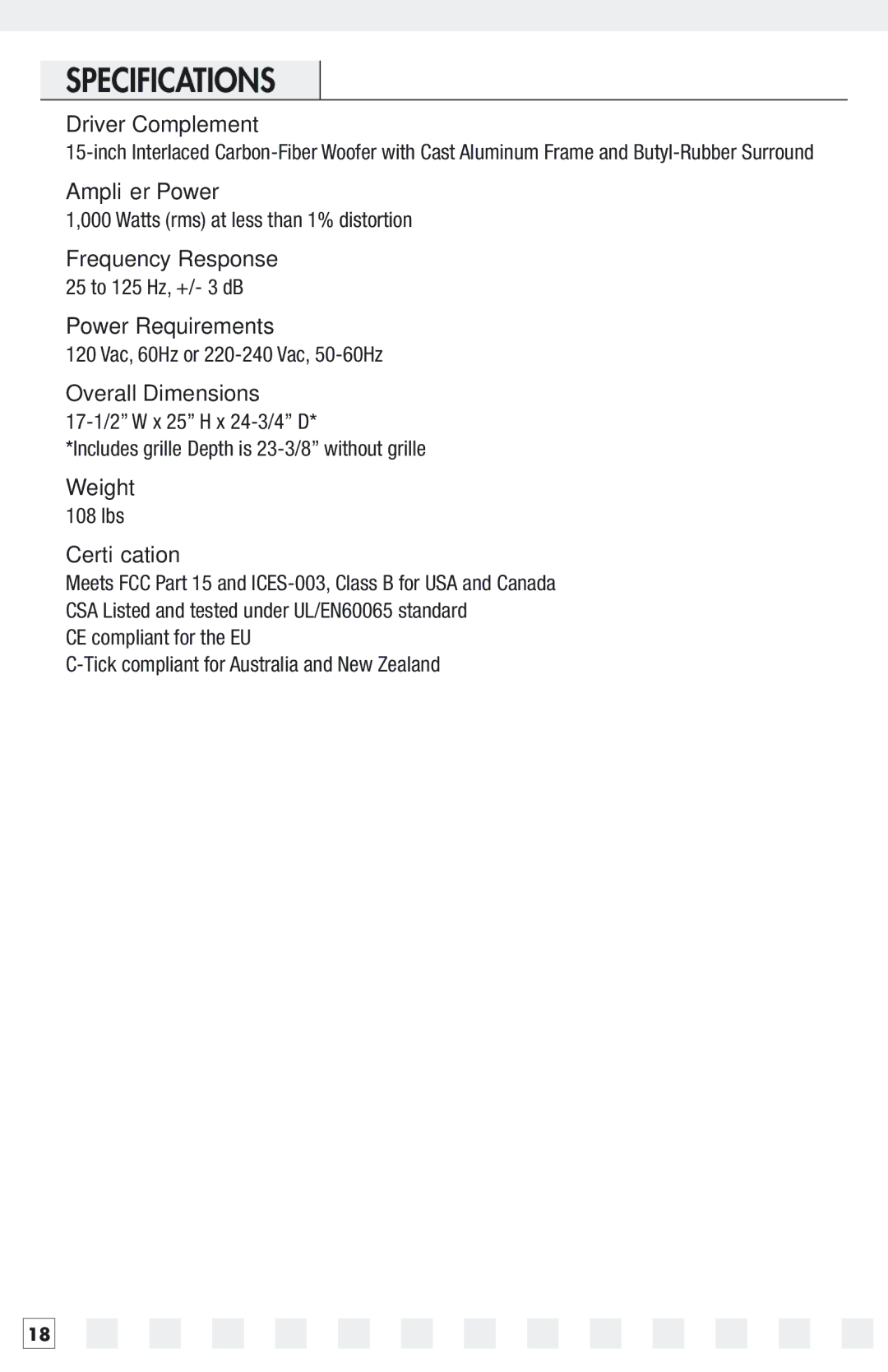 Niles Audio 15SW manual Specifications 