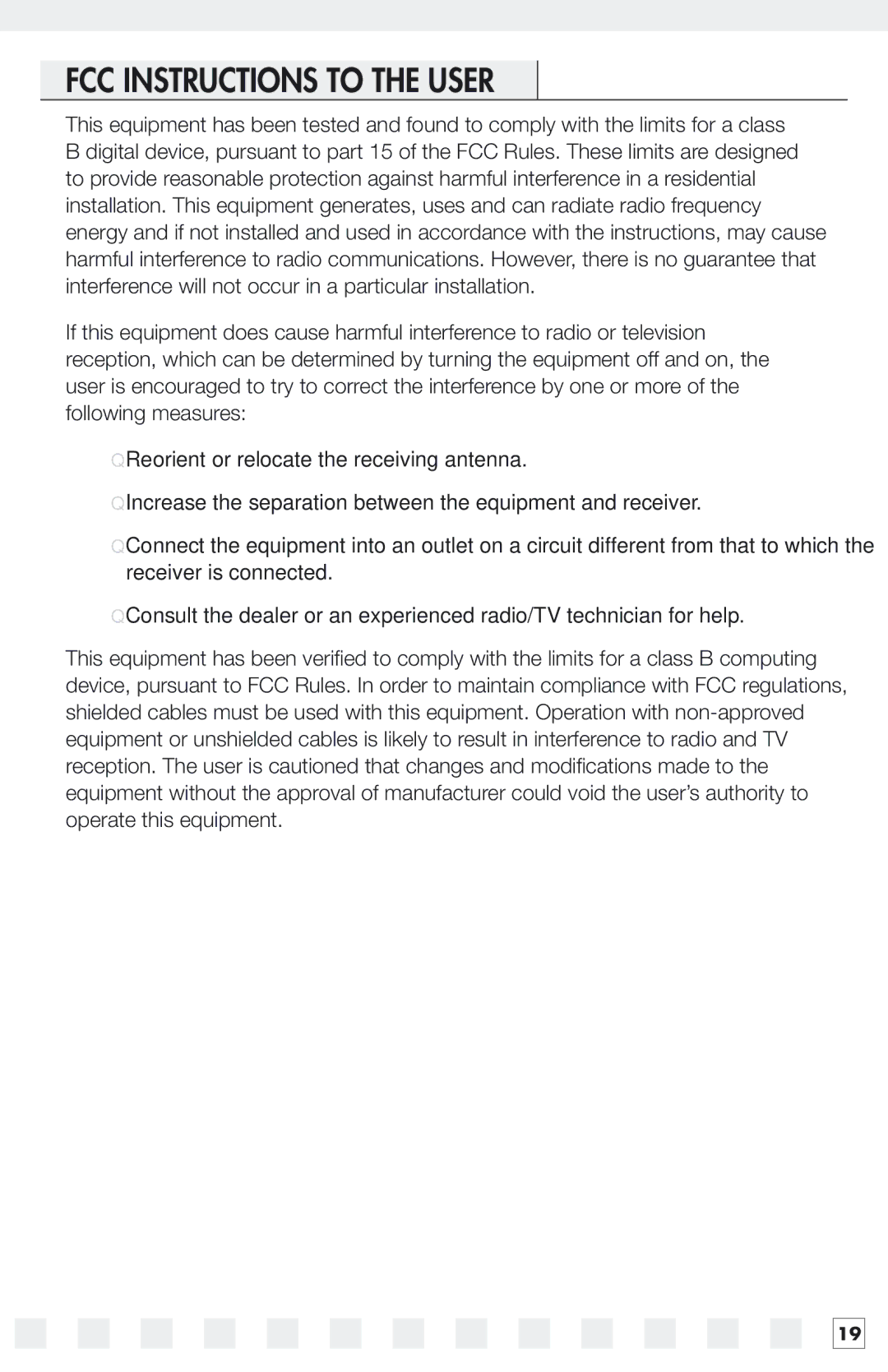 Niles Audio 15SW manual FCC Instructions to the User 