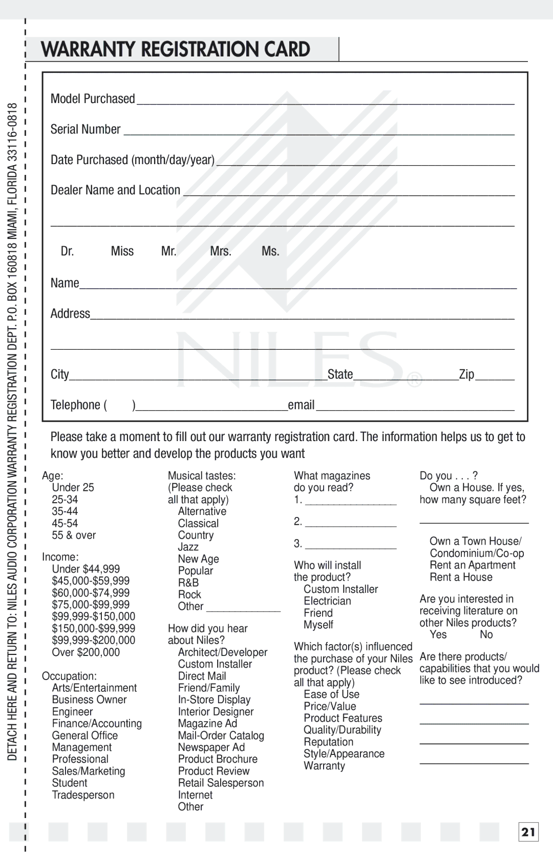 Niles Audio 15SW manual Warranty Registration Card 