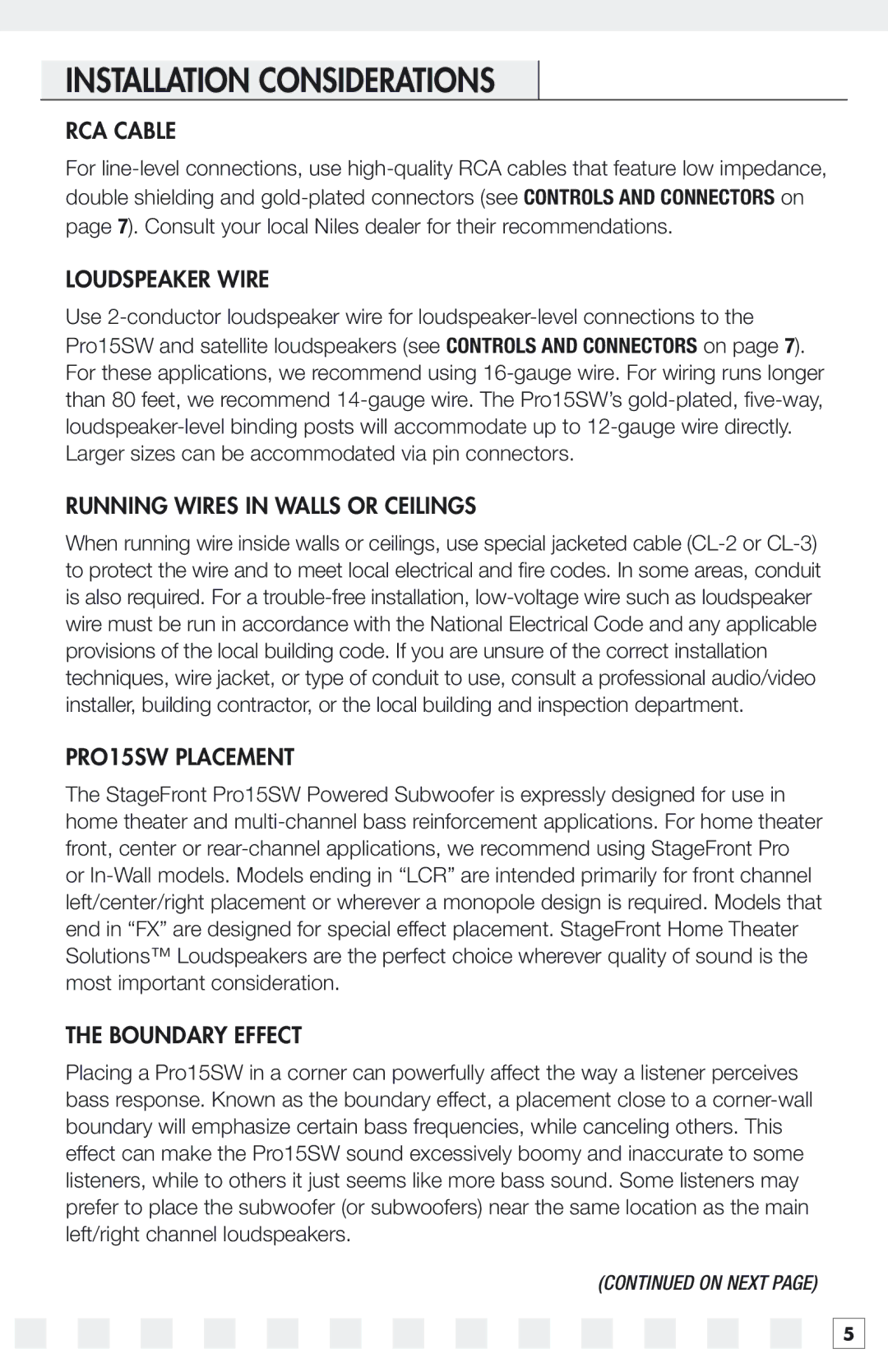 Niles Audio 15SW manual Installation Considerations 