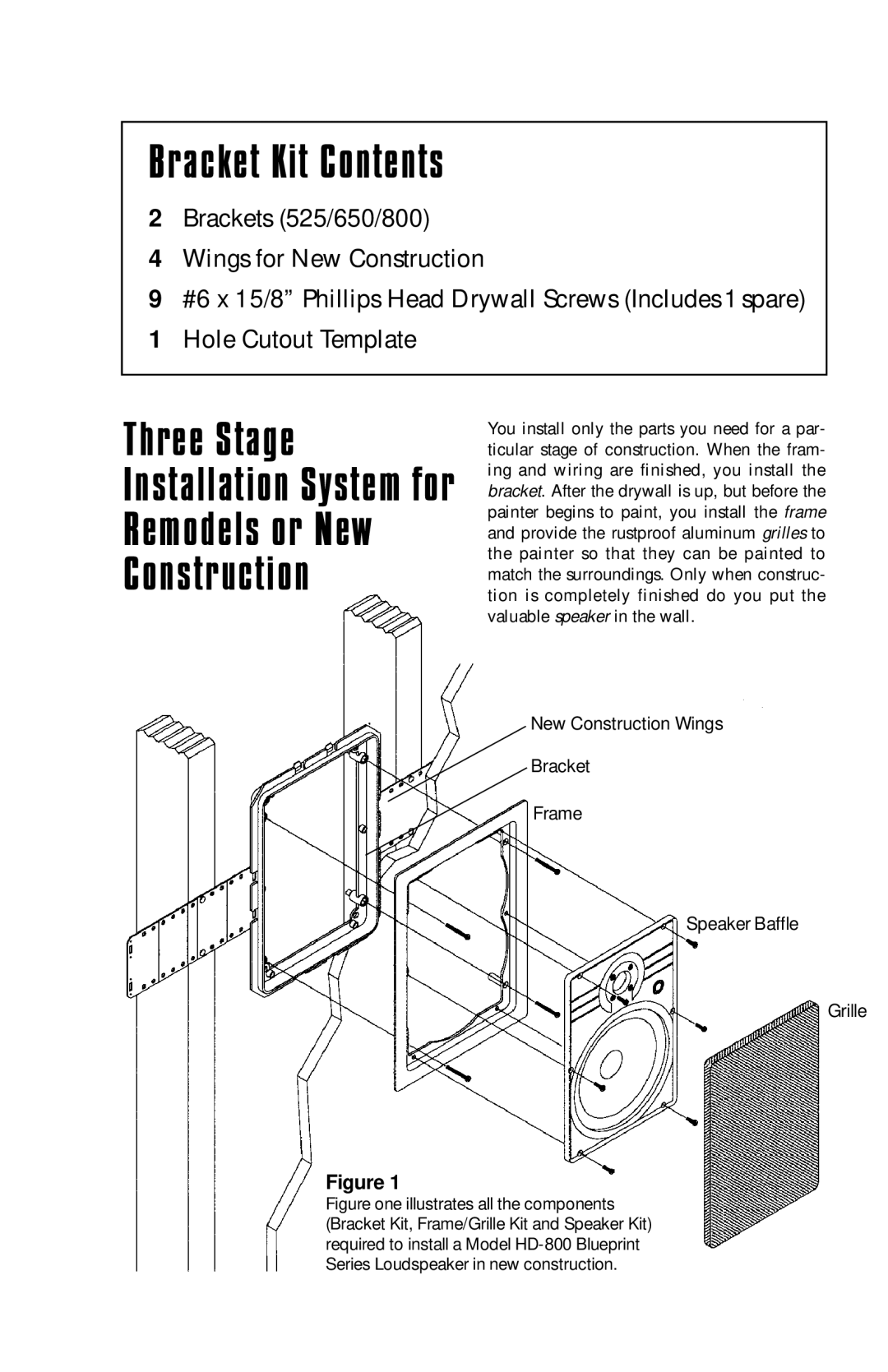 Niles Audio 650, 525, 800 manual Bracket Kit Contents 