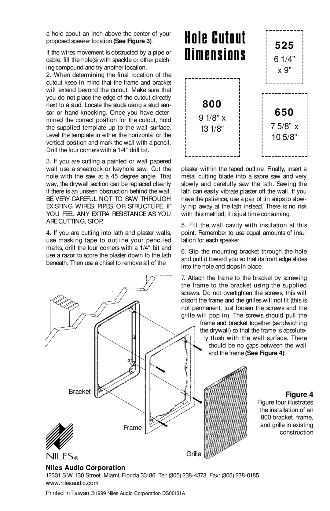 Niles Audio 800, 525, 650 manual Hole Cutout, Dimensions 