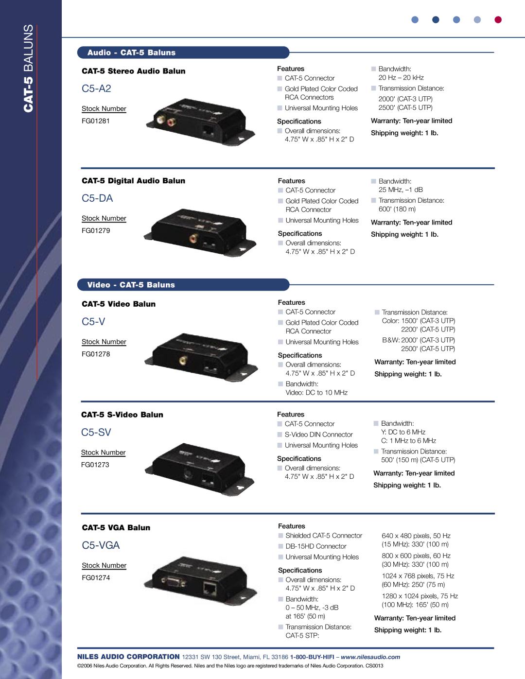 Niles Audio 650-005 specifications C5-A2, C5-DA, C5-SV, C5-VGA 