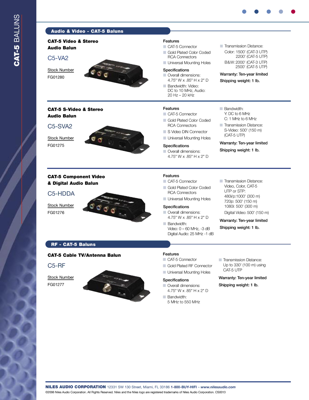 Niles Audio 650-005 specifications C5-VA2, C5-SVA2, C5-HDDA, C5-RF 