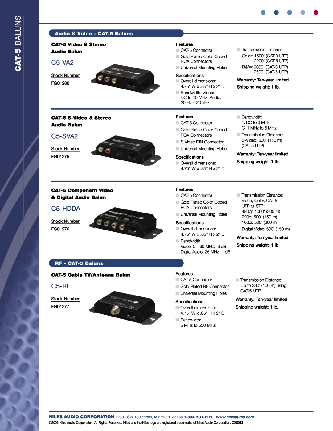 Niles Audio 650-005 C5-VA2, C5-SVA2, C5-HDDA, C5-RF, Audio & Video - CAT-5 Baluns, CAT-5 Video & Stereo Audio Balun 