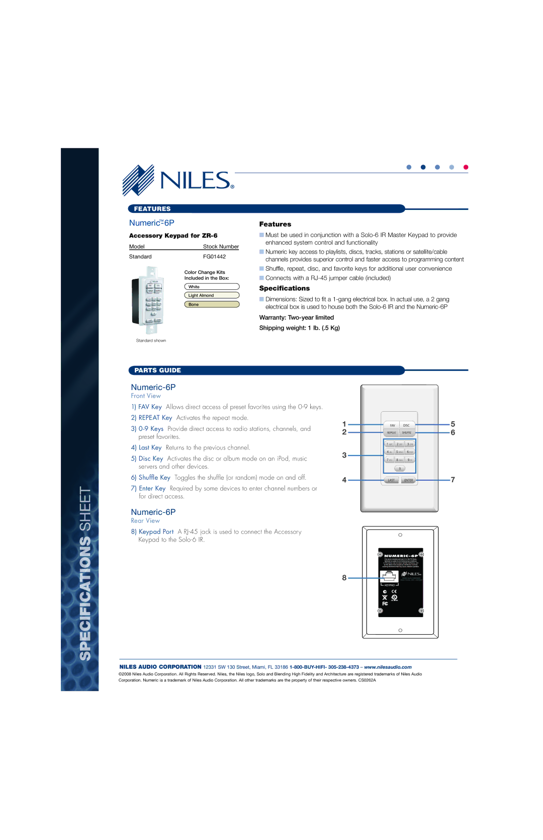 Niles Audio 6P manual Features, Specifications, Front View, Rear View 