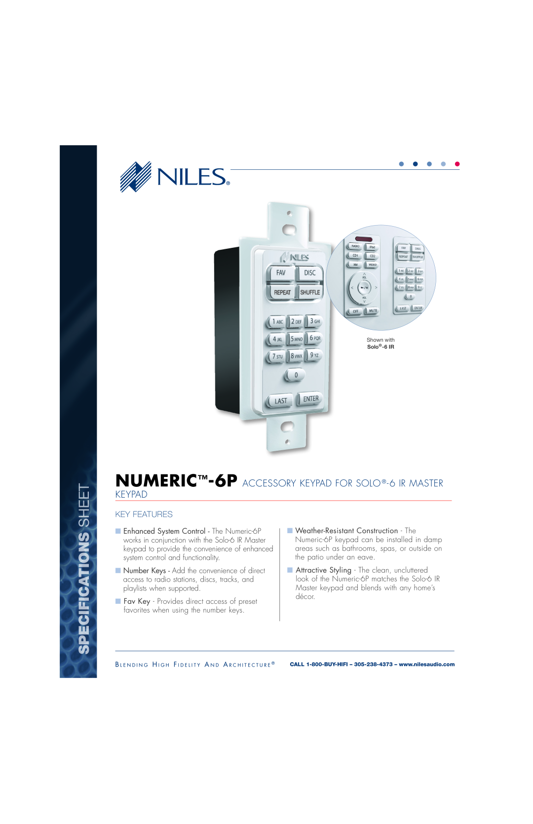 Niles Audio 6P manual Specifications Sh, Key Features 