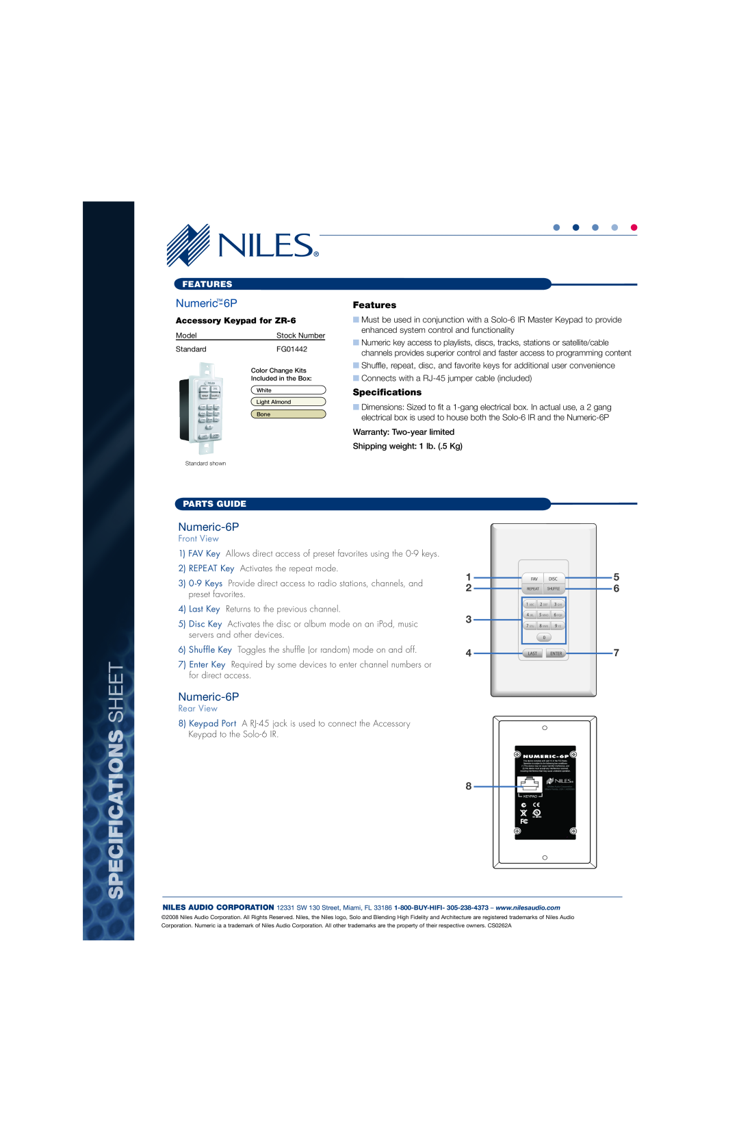 Niles Audio Numeric-6P, Specifications Sh, Features, Accessory Keypad for ZR-6, Parts Guide, Front View, Rear View 