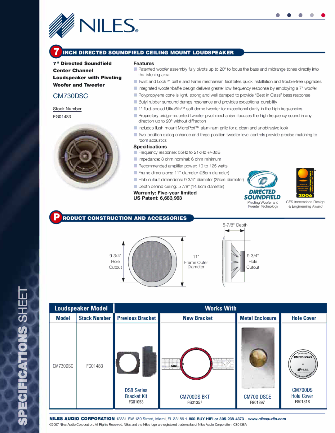 Niles Audio 730DSC manual Features, Specifications, Warranty Five-year limited US Patent 6,683,963 