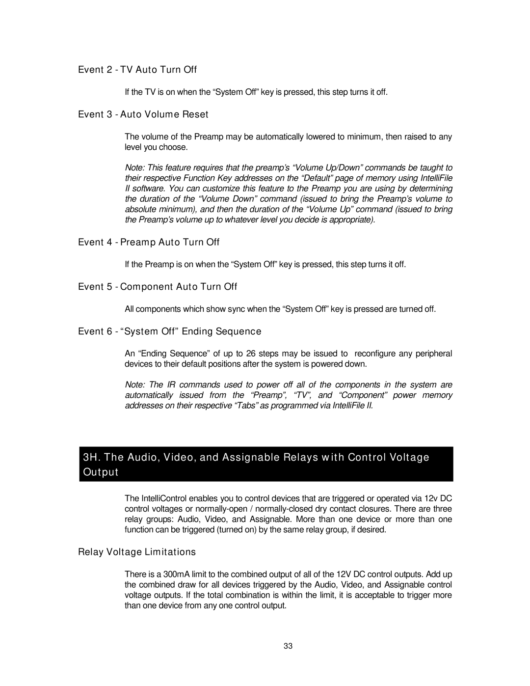 Niles Audio 8 Event 2 TV Auto Turn Off, Event 3 Auto Volume Reset, Event 4 Preamp Auto Turn Off, Relay Voltage Limitations 