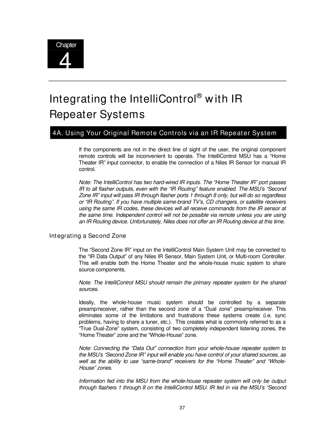 Niles Audio 8 manual Integrating the IntelliControl with IR Repeater Systems, Integrating a Second Zone 