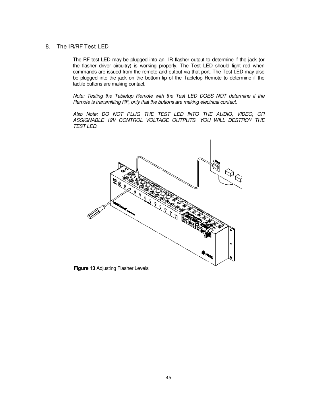 Niles Audio 8 manual IR/RF Test LED, Adjusting Flasher Levels 