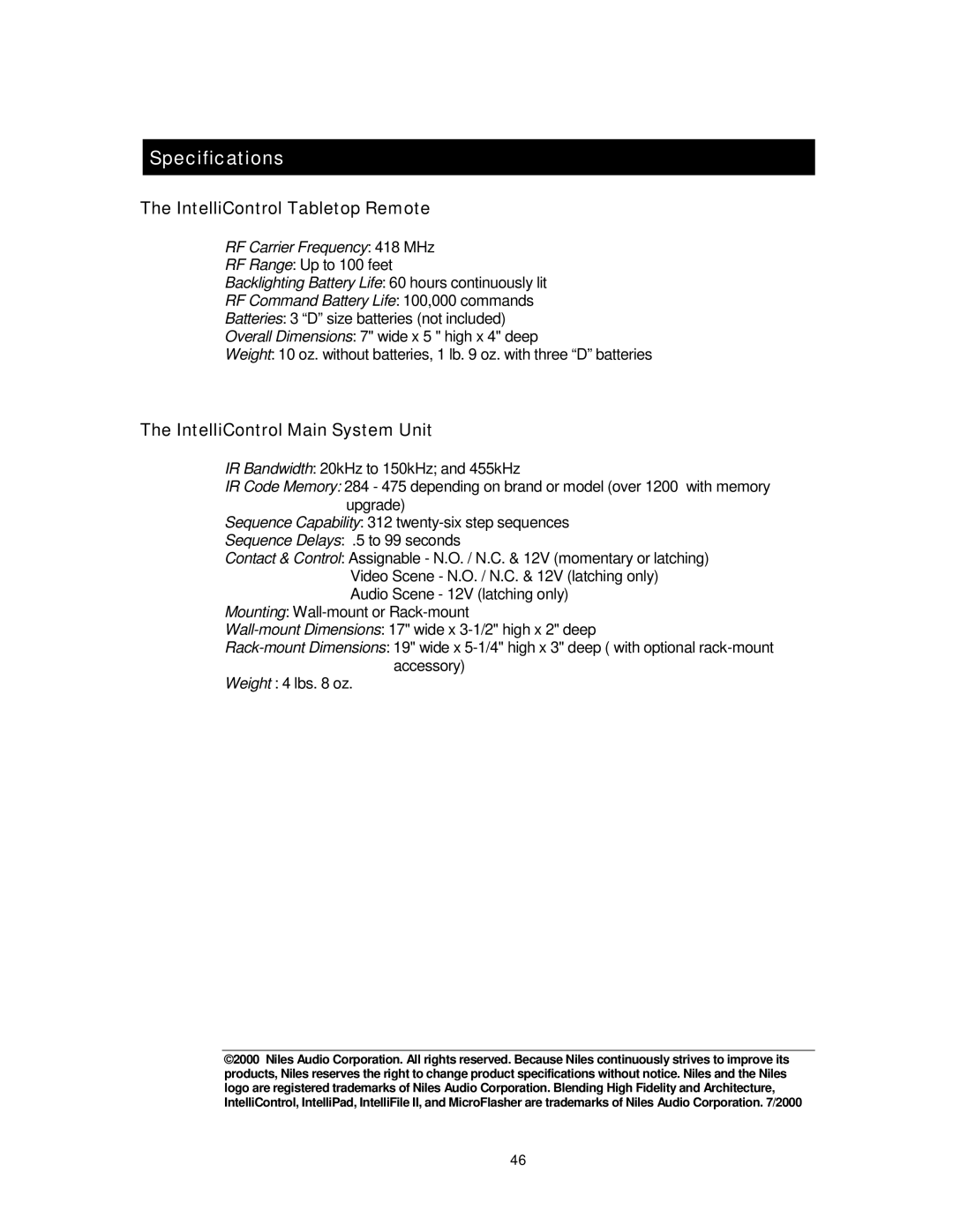 Niles Audio 8 manual Specifications, IntelliControl Tabletop Remote, IntelliControl Main System Unit 