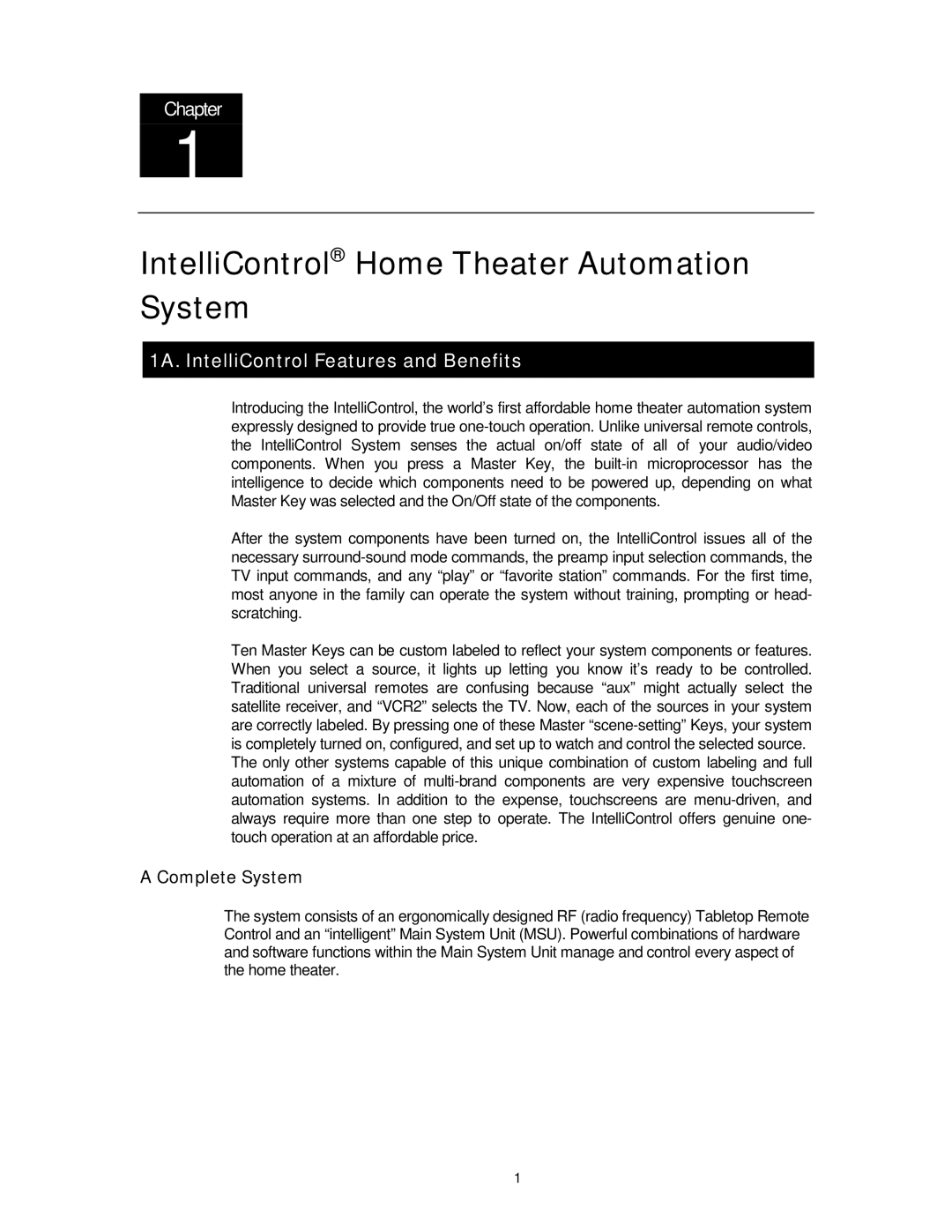 Niles Audio 8 manual 1A. IntelliControl Features and Benefits, Complete System 