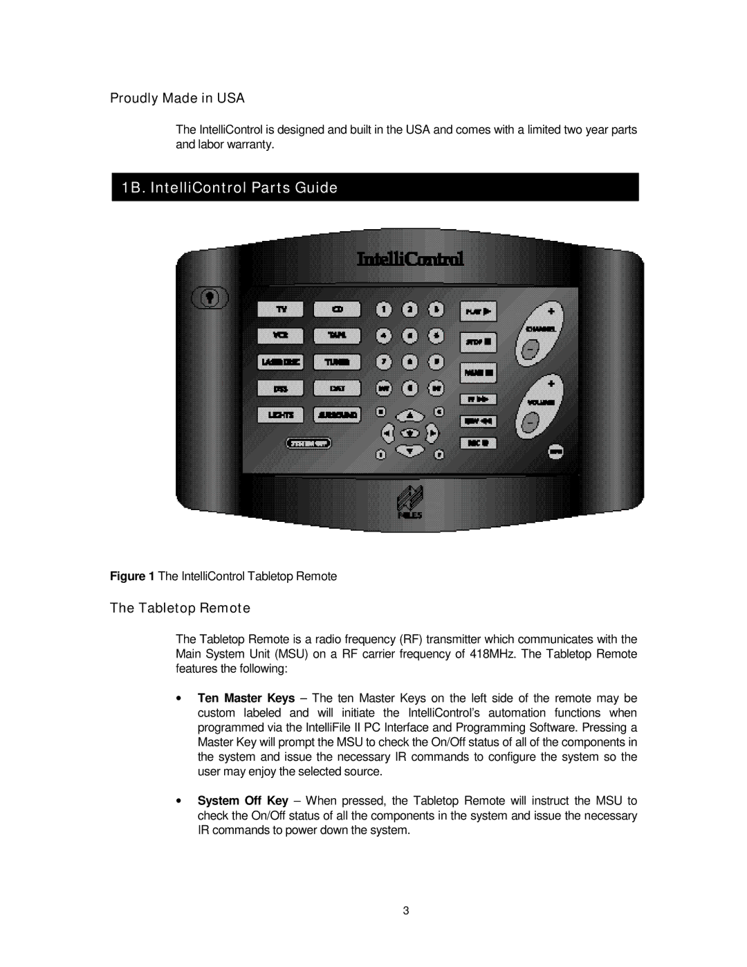 Niles Audio 8 manual 1B. IntelliControl Parts Guide, Proudly Made in USA, Tabletop Remote 