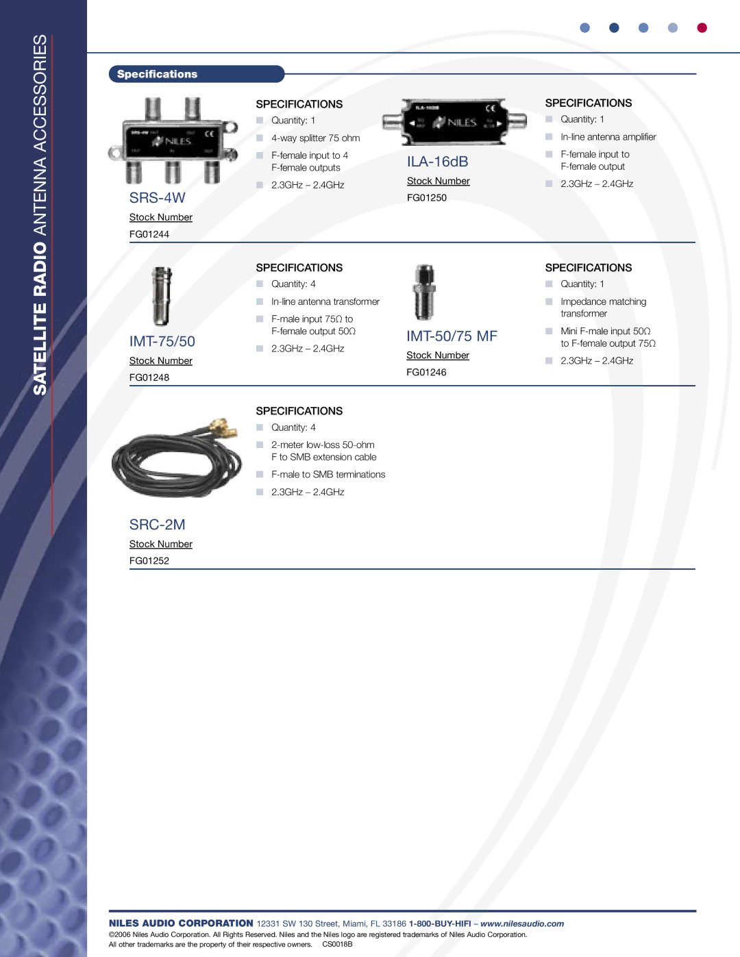 Niles Audio 8833 specifications Antenna Accessories, SRS-4W, SRC-2M 