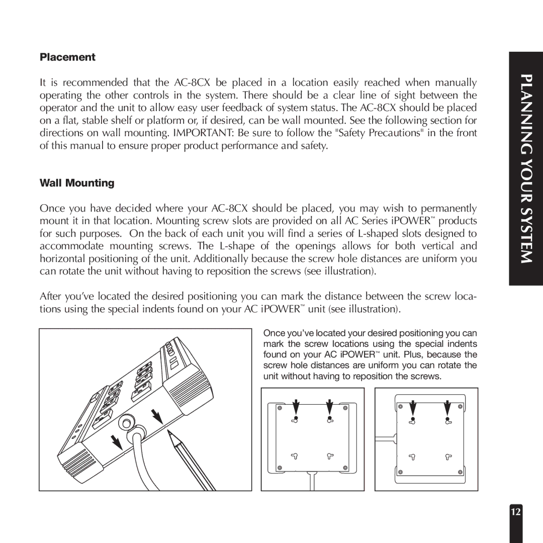 Niles Audio AC-8CX manual Placement, Wall Mounting 