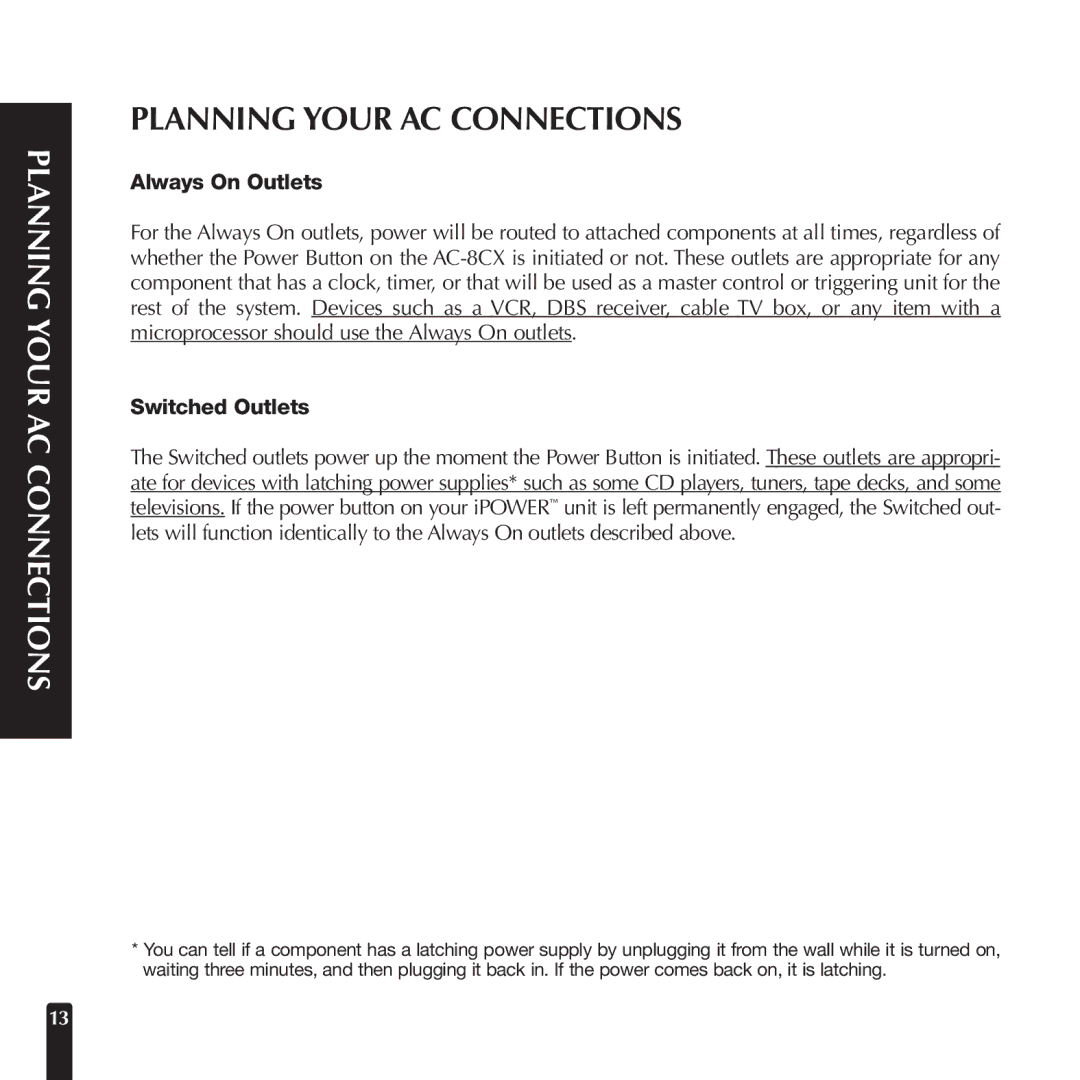 Niles Audio AC-8CX manual Planning Your AC Connections, Always On Outlets, Switched Outlets 