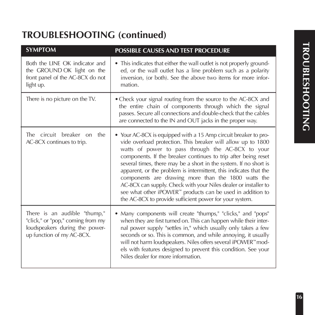 Niles Audio AC-8CX manual Troubleshooting 