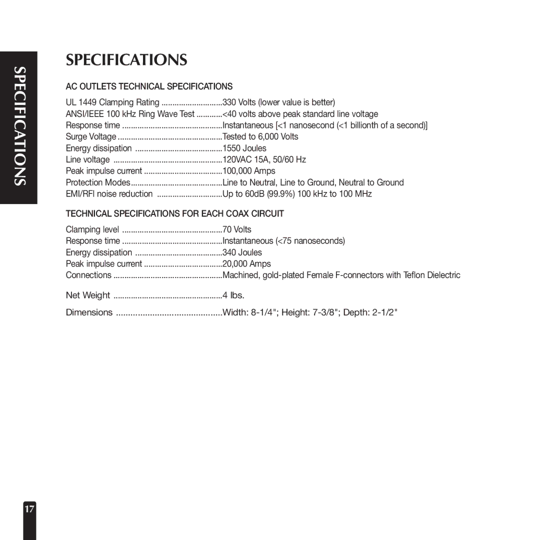 Niles Audio AC-8CX manual Specifications 