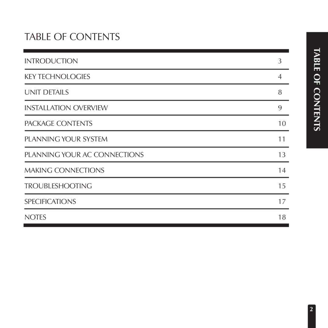 Niles Audio AC-8CX manual Table of Contents 