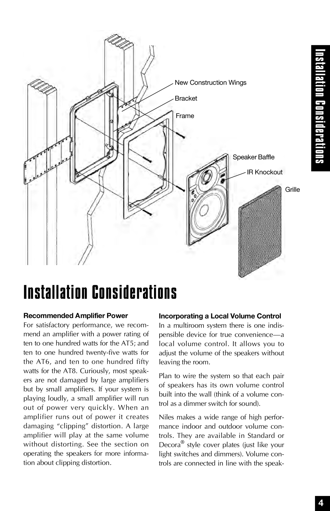 Niles Audio AT8, AT6, AT5 Installation Considerations, Recommended Amplifier Power, Incorporating a Local Volume Control 