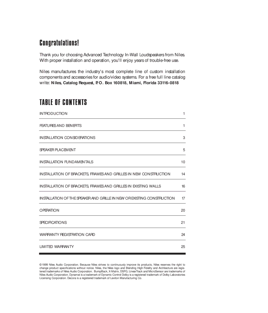 Niles Audio AT8700, AT8500 manual Table of Contents 