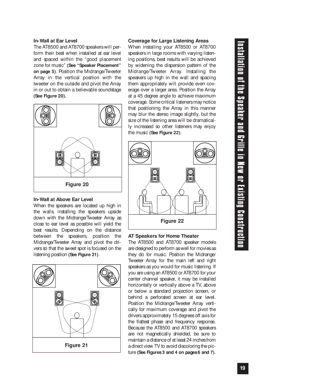 Niles Audio AT8500, AT8700 manual In-Wall at Ear Level, See Figure In-Wall at Above Ear Level, AT Speakers for Home Theater 