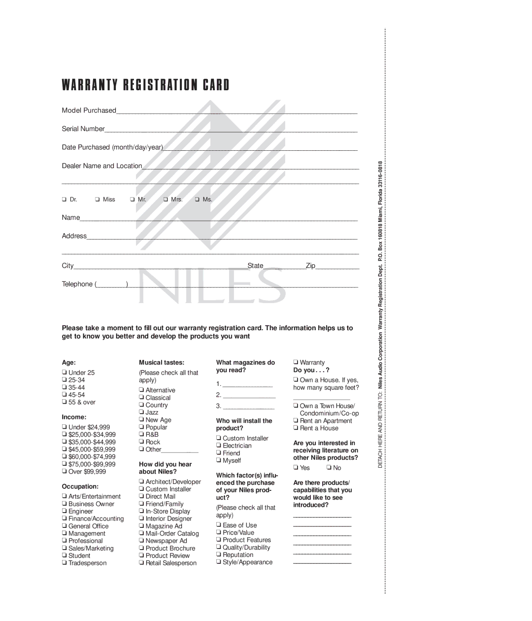 Niles Audio AT8500, AT8700 manual Warranty Registration Card 