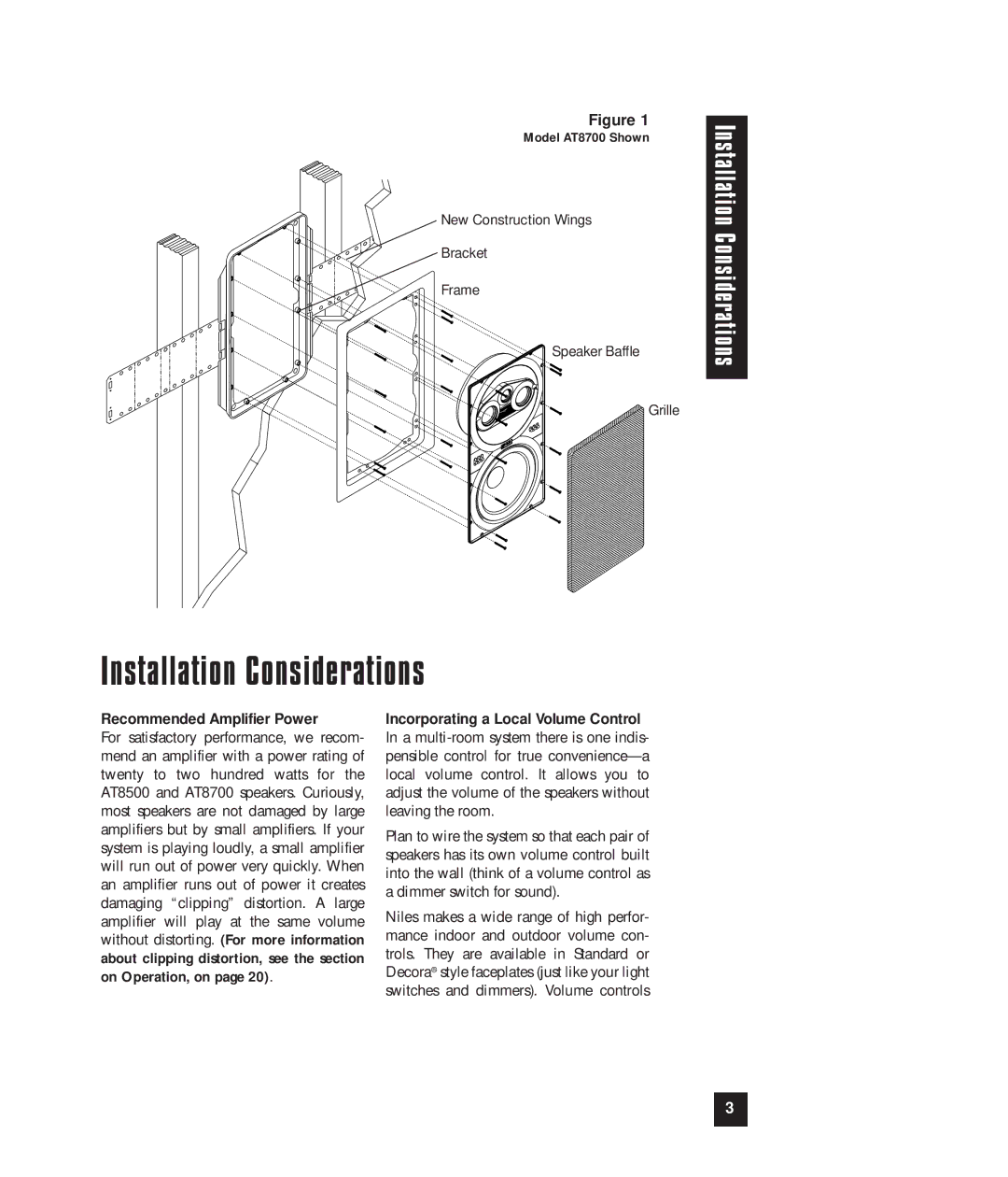 Niles Audio AT8500, AT8700 manual Installation Considerations, Recommended Amplifier Power 