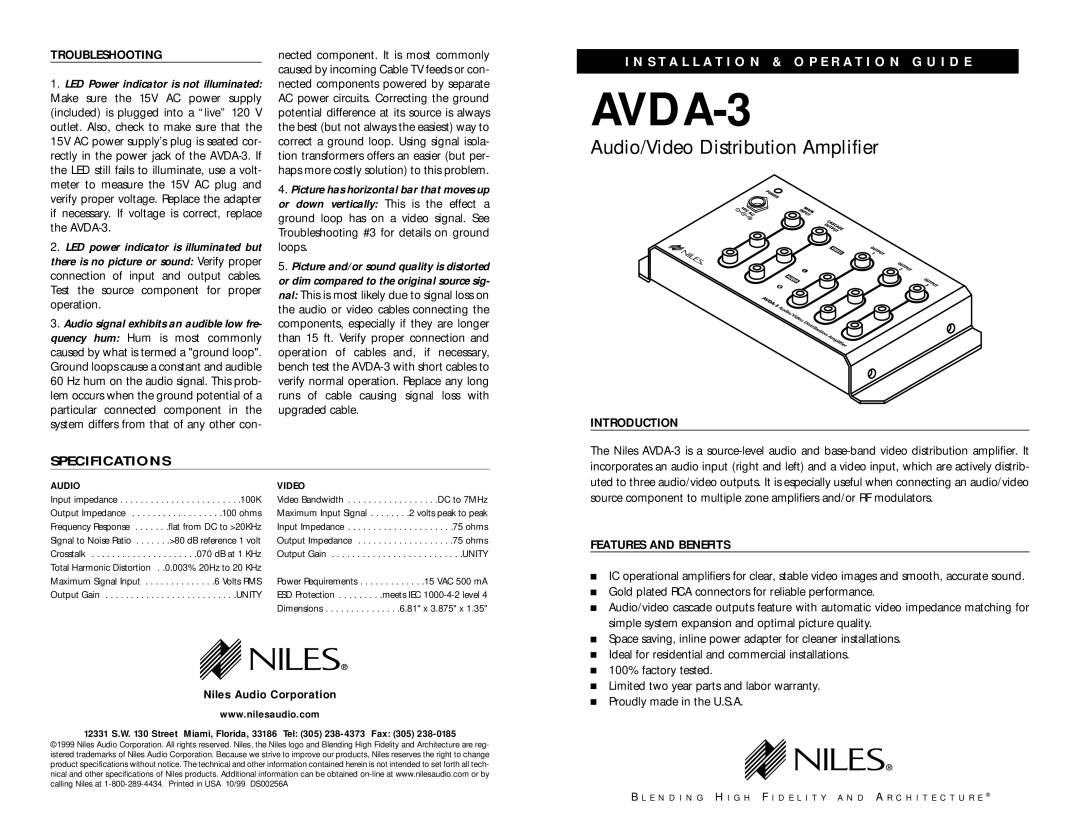 Niles Audio AVDA-3 specifications Troubleshooting, Introduction, Features and Benefits, Niles Audio Corporation 