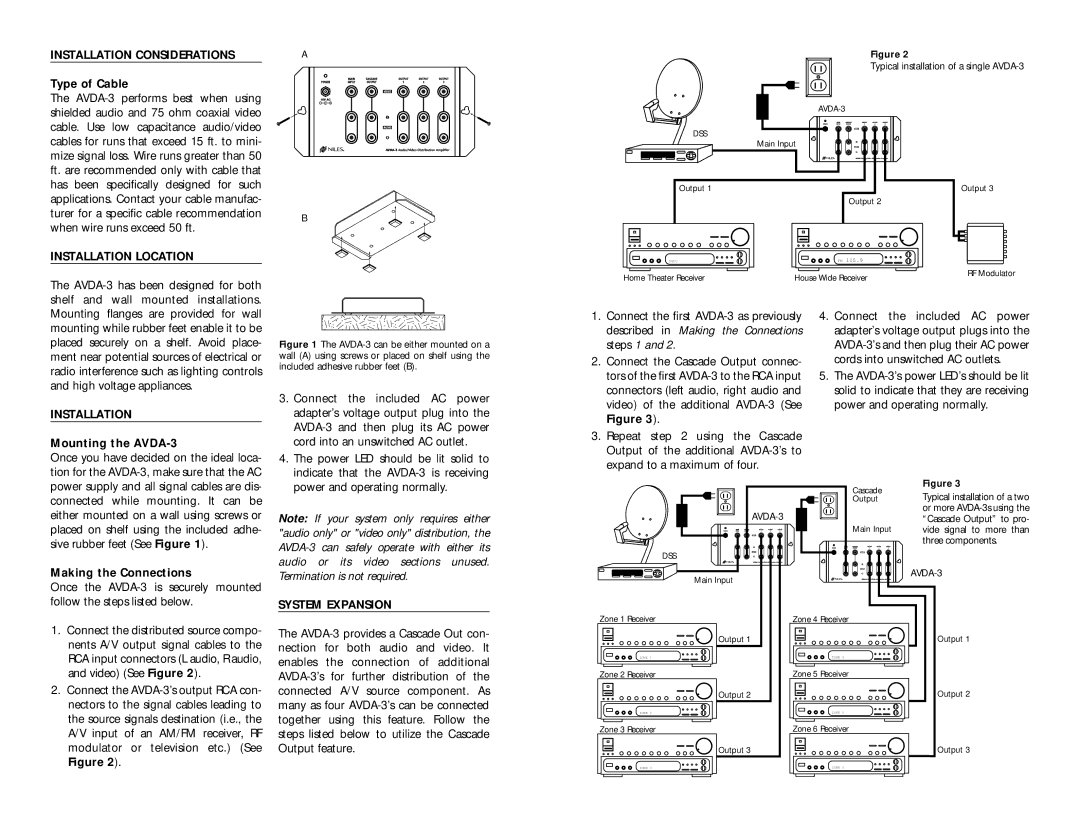 Niles Audio AVDA-3 specifications Installation Considerations, Installation Location, System Expansion 