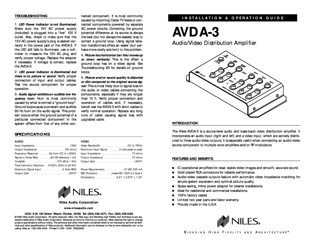 Niles Audio AVDA-3 specifications Troubleshooting, Introduction, Features And Benefits, Niles Audio Corporation 