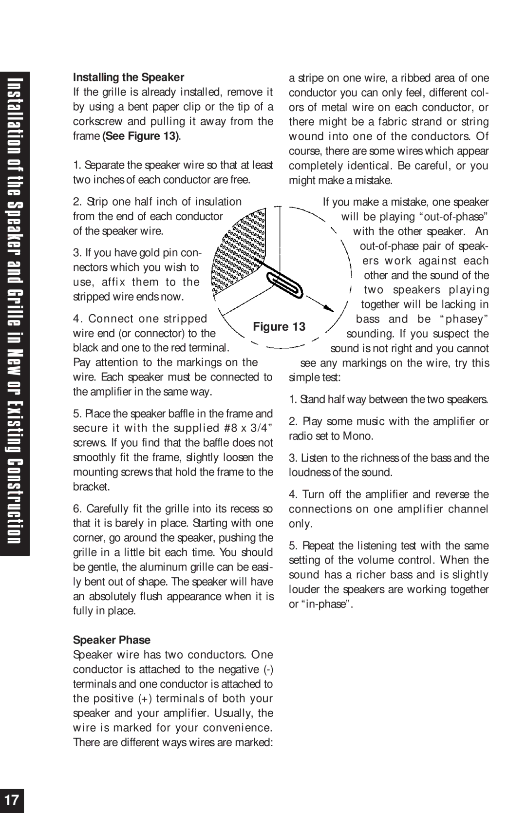 Niles Audio BG525 manual Installing the Speaker, Speaker Phase 