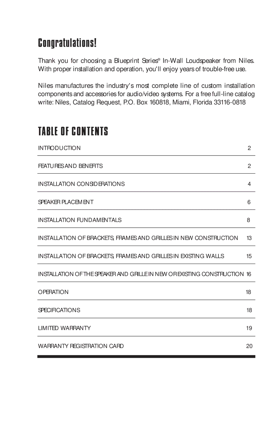 Niles Audio BG525 manual Table of Contents 