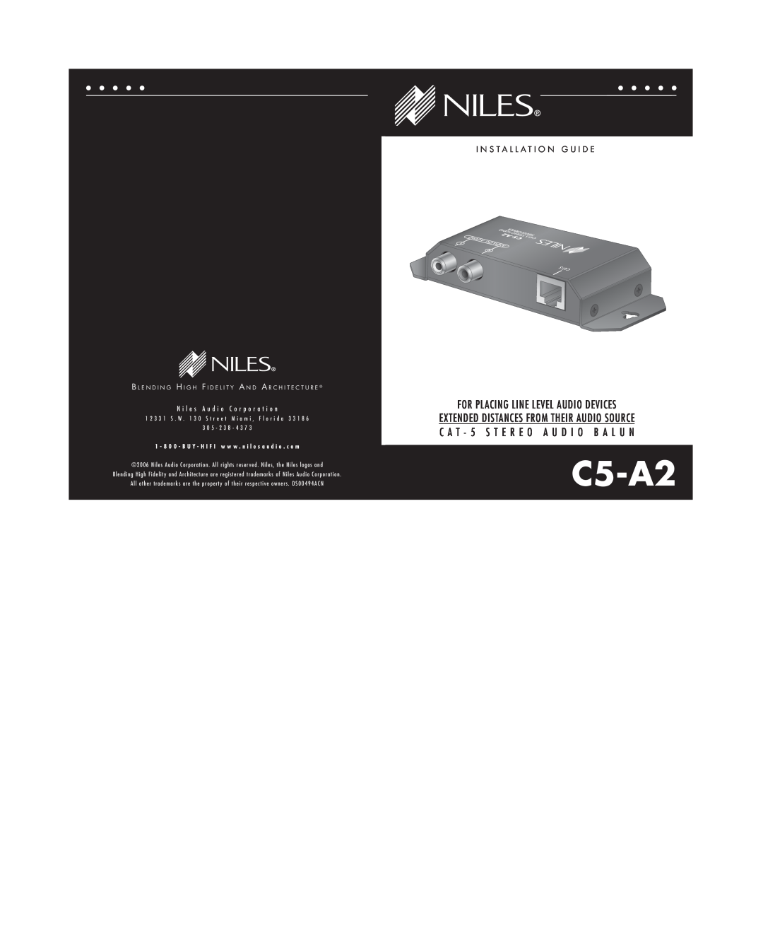 Niles Audio C5-A2 warranty For Placing Line Level Audio Devices, C A T - 5 S T E R E O A U D I O B A L U N 
