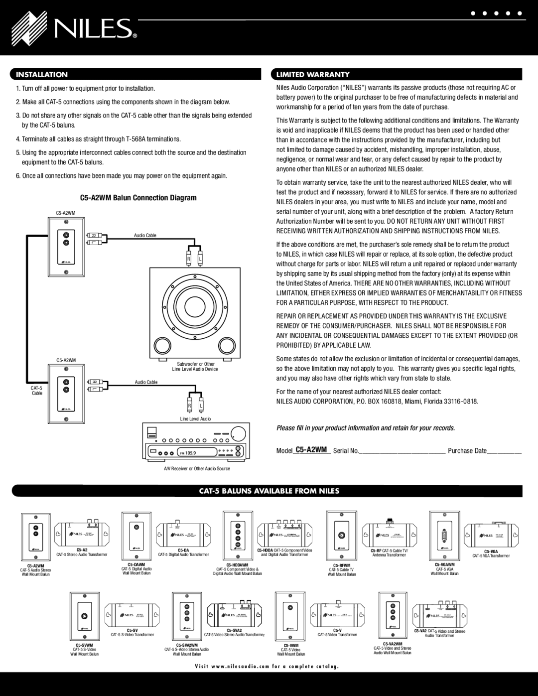 Niles Audio C5-A2WM warranty Installation, Limited Warranty, CAT-5 Baluns Available from Niles 