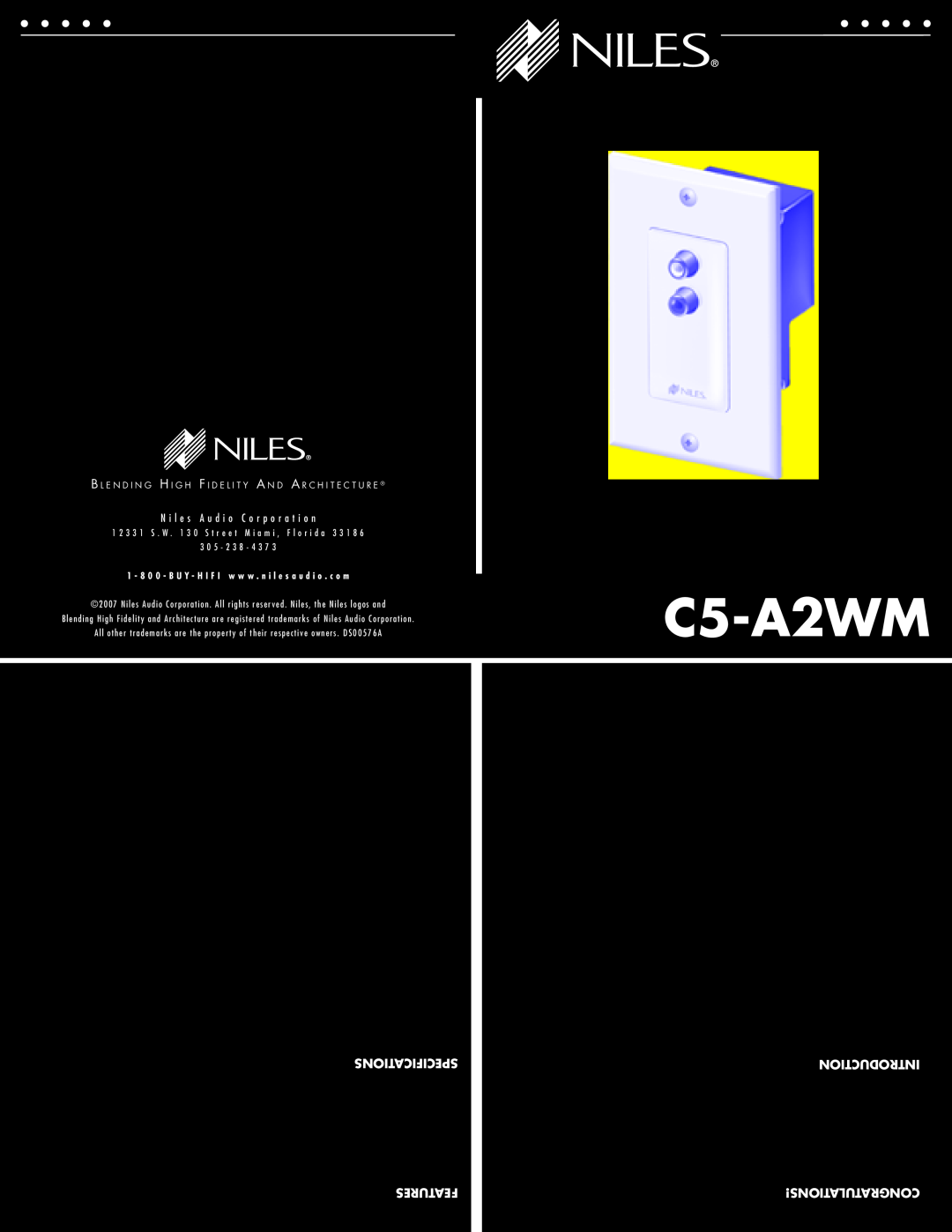 Niles Audio C5-A2WM warranty kHz 20 - Hz 20 Bandwidth, warranty limited year-Ten, Introduction, Congratulations, Features 
