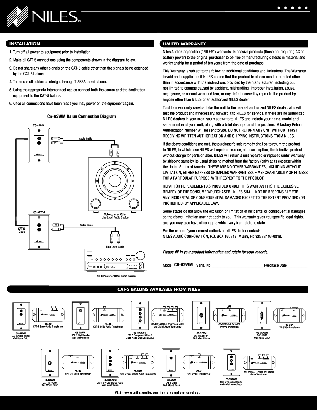 Niles Audio warranty Installation, Limited Warranty, CAT-5BALUNS AVAILABLE FROM NILES, C5-A2WMBalun Connection Diagram 