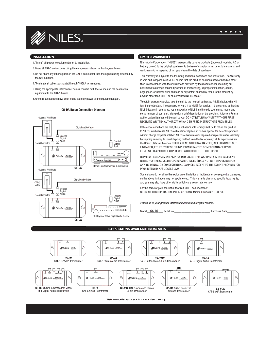 Niles Audio C5-DA warranty Installation, Limited Warranty, CAT-5 Baluns Available from Niles 