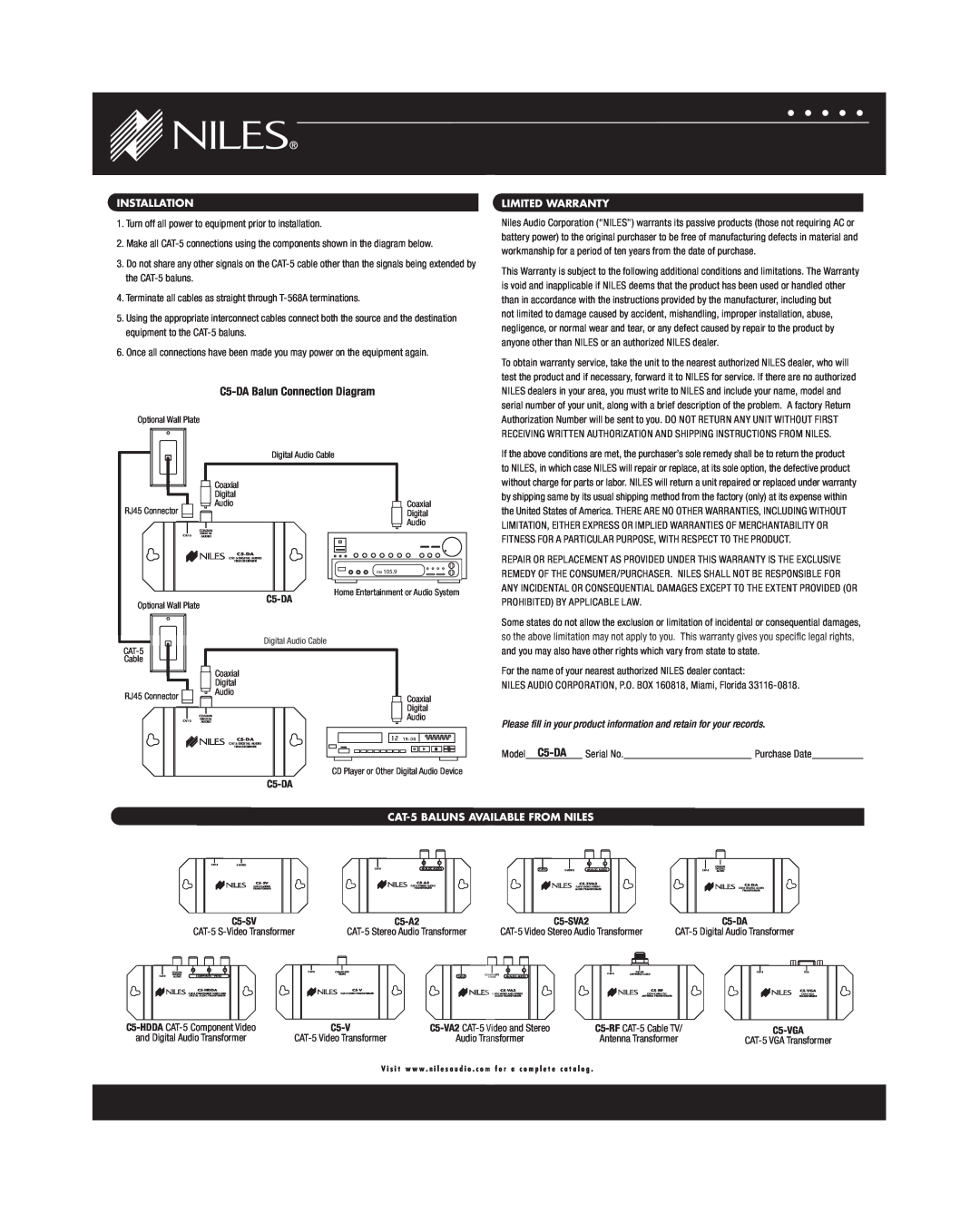 Niles Audio warranty Installation, Limited Warranty, CAT-5BALUNS AVAILABLE FROM NILES, C5-DABalun Connection Diagram 