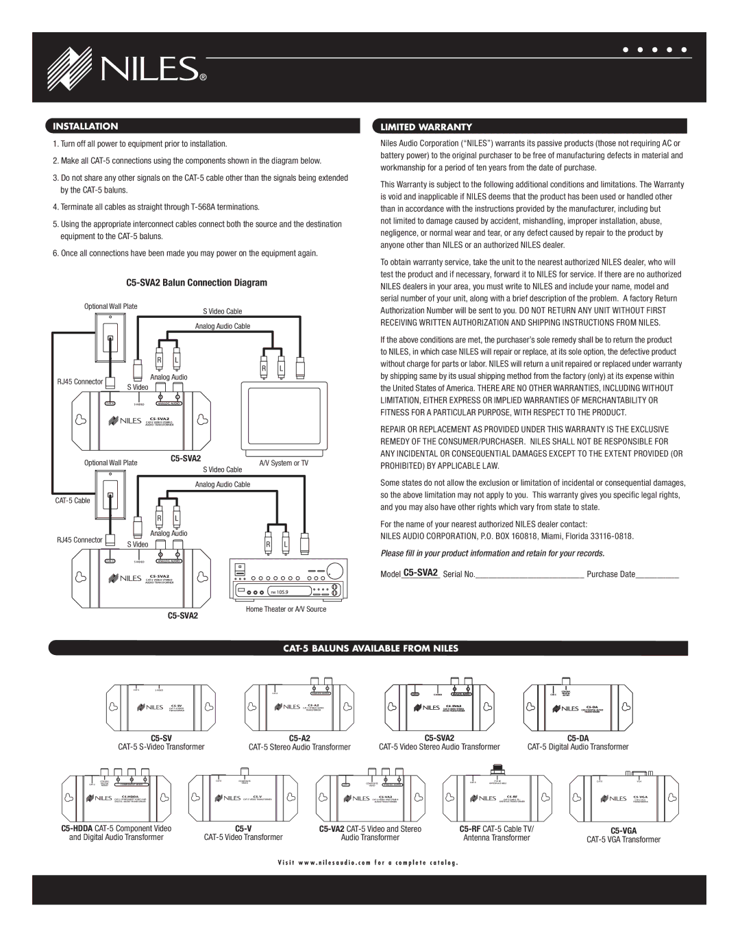 Niles Audio C5-SVA2 warranty Installation, Limited Warranty, CAT-5 Baluns Available from Niles 