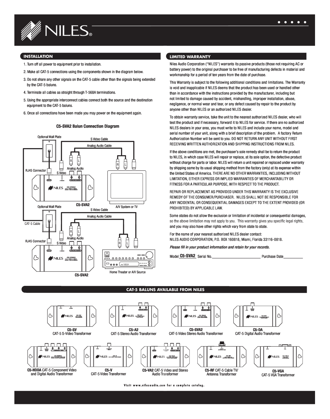 Niles Audio warranty Installation, Limited Warranty, CAT-5BALUNS AVAILABLE FROM NILES, C5-SVA2Balun Connection Diagram 