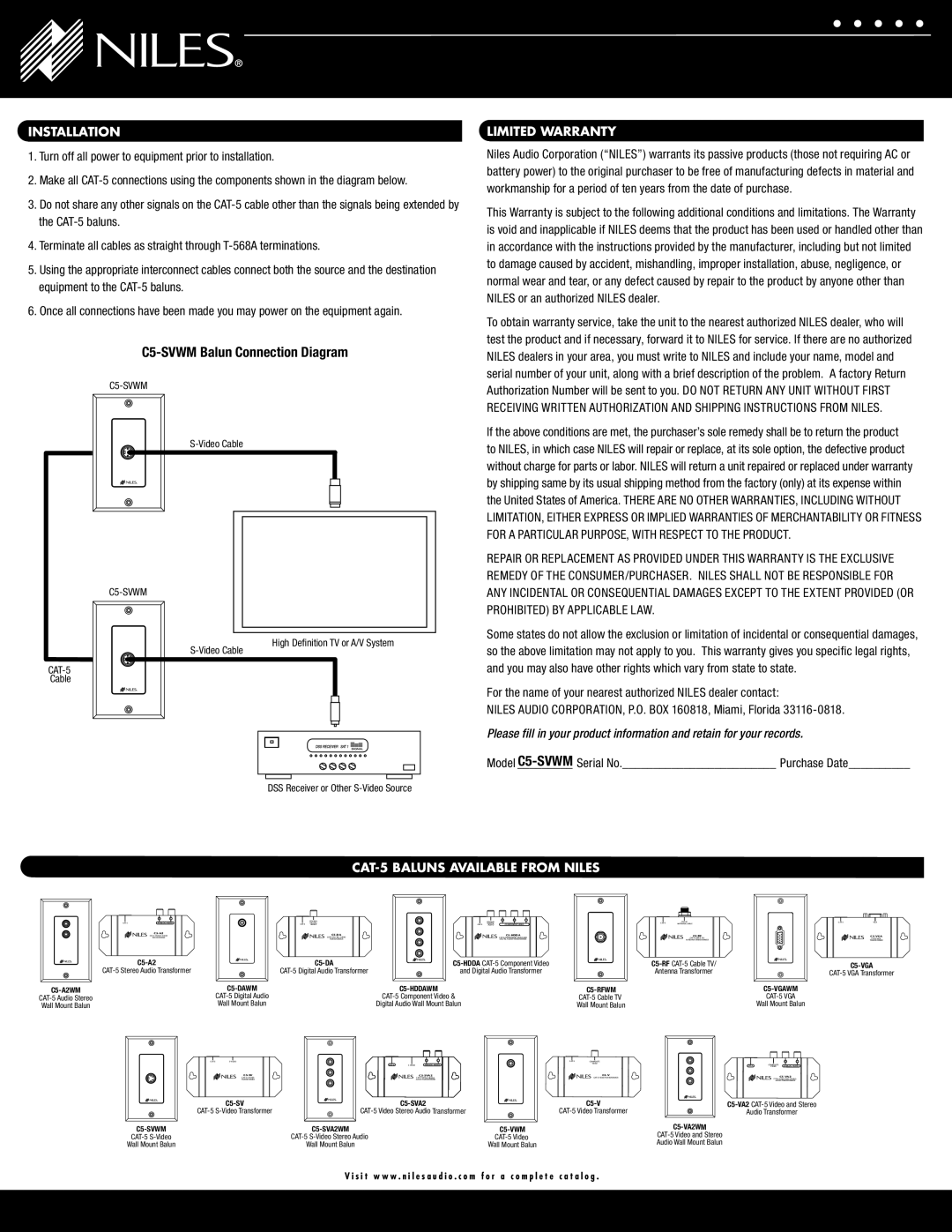 Niles Audio C5-SVWM warranty Installation, Limited Warranty, CAT-5 Baluns Available from Niles 