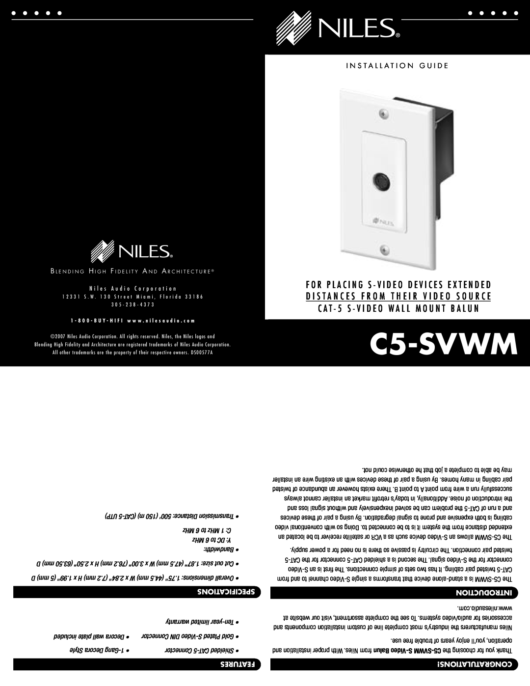 Niles Audio C5-SVWM warranty MHz 6 to MHz 1 C, MHz 6 to DC Y, Bandwidth, warranty limited year-Ten, Style Decora Gang-1 