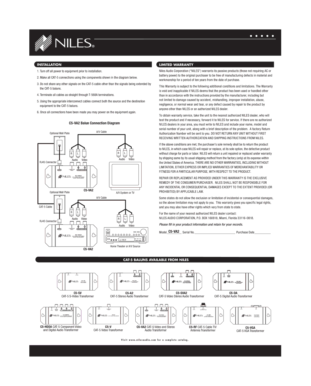 Niles Audio C5-VA2 warranty Installation, Limited Warranty, CAT-5 Baluns Available from Niles 