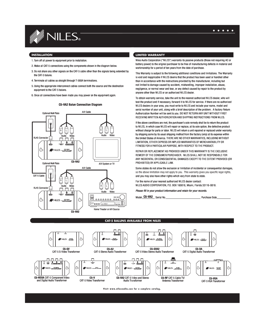 Niles Audio warranty Installation, Limited Warranty, CAT-5BALUNS AVAILABLE FROM NILES, C5-VA2Balun Connection Diagram 