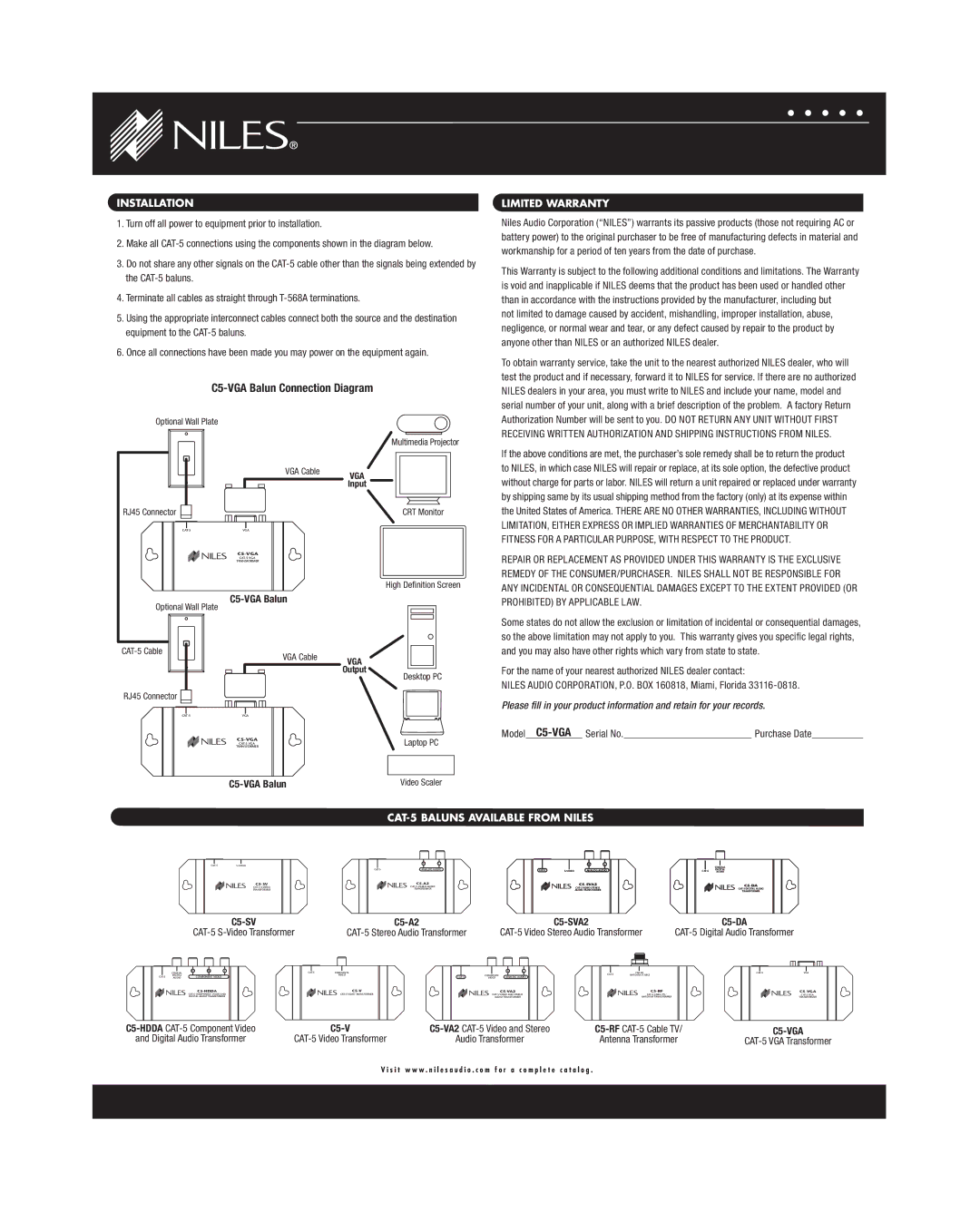 Niles Audio C5-VGA warranty Installation, Limited Warranty, CAT-5 Baluns Available from Niles 