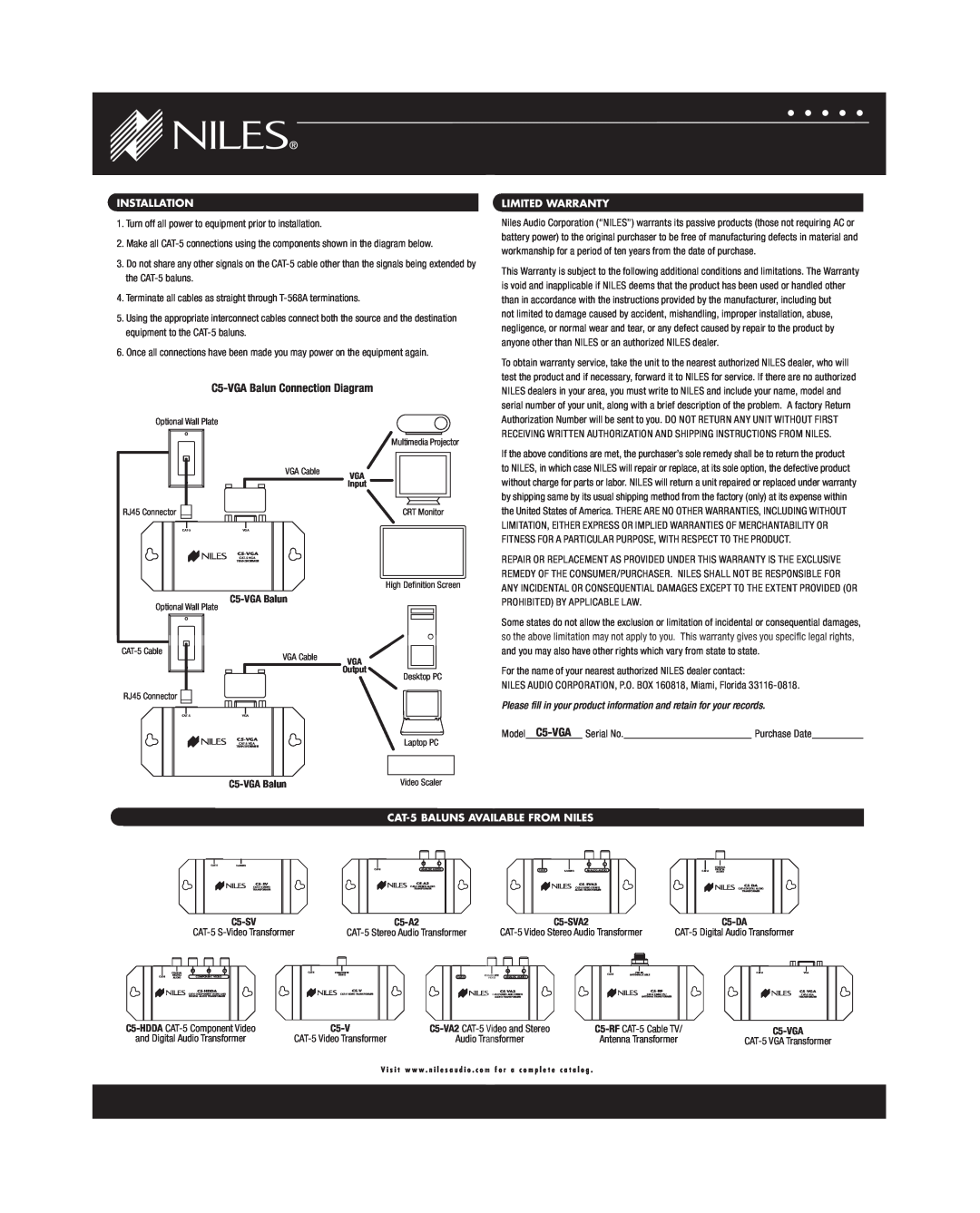 Niles Audio C5-VGA warranty Installation, Turn off all power to equipment prior to installation, Limited Warranty 