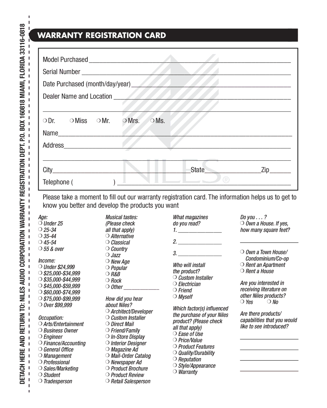 Niles Audio CAM-DFMK manual Warranty Registration Card, Yes 